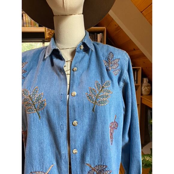 Chambray Long Sleeve Shirt Fall Leaves Embroidered - Picture 4 of 6